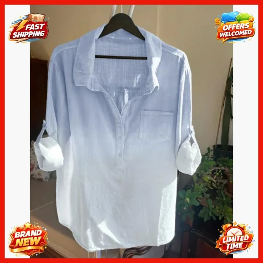 Oversized Cotton Button Down Shirt with Pocket Long Sleeve Blouse - Picture 6 of 7